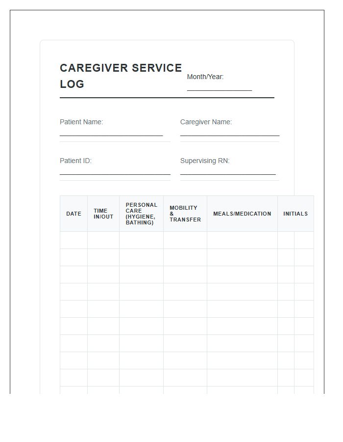Professional Caregiver Service Log Printable Chart