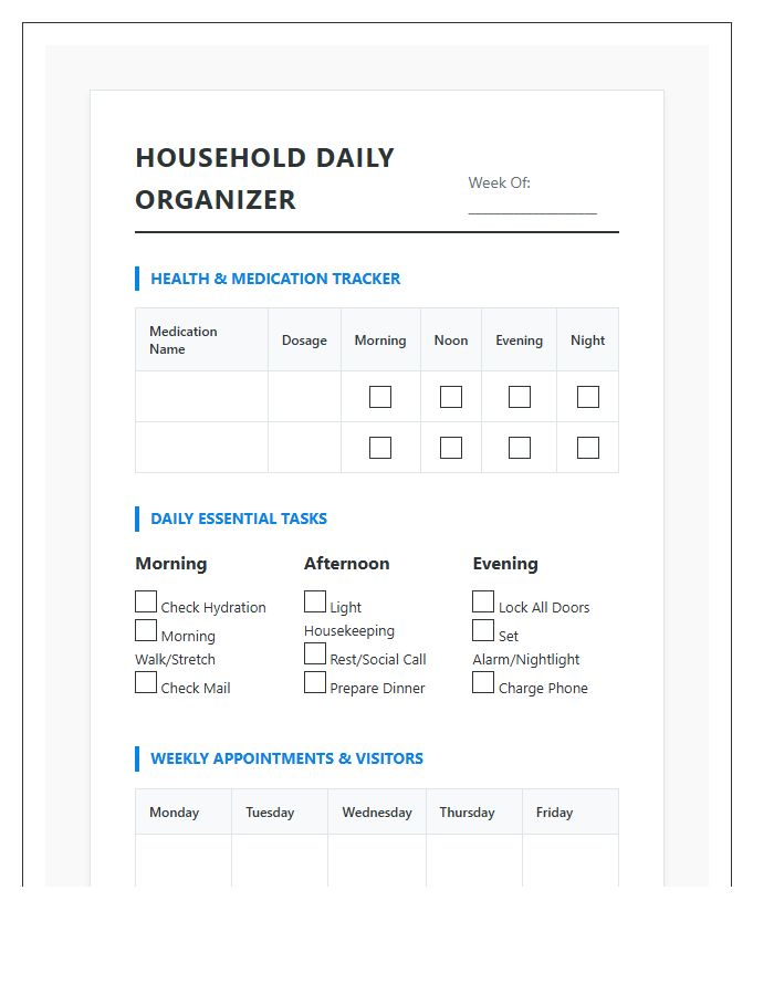 Senior Citizen Household Organization Printable Chart