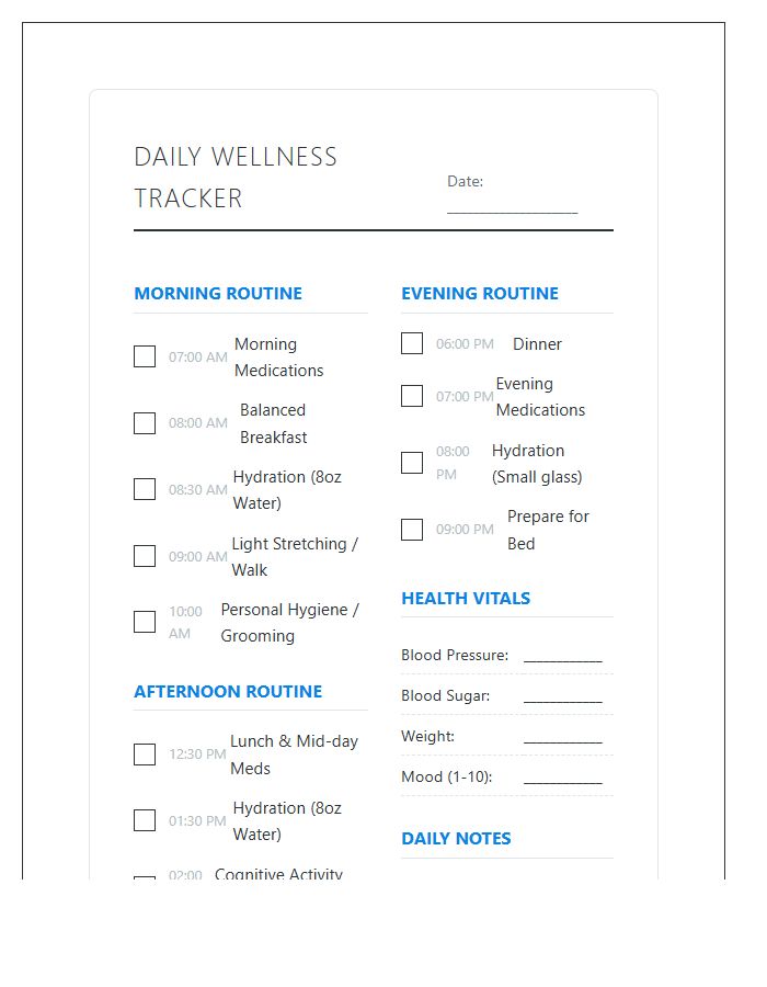 Senior Daily Task Management Printable Chart