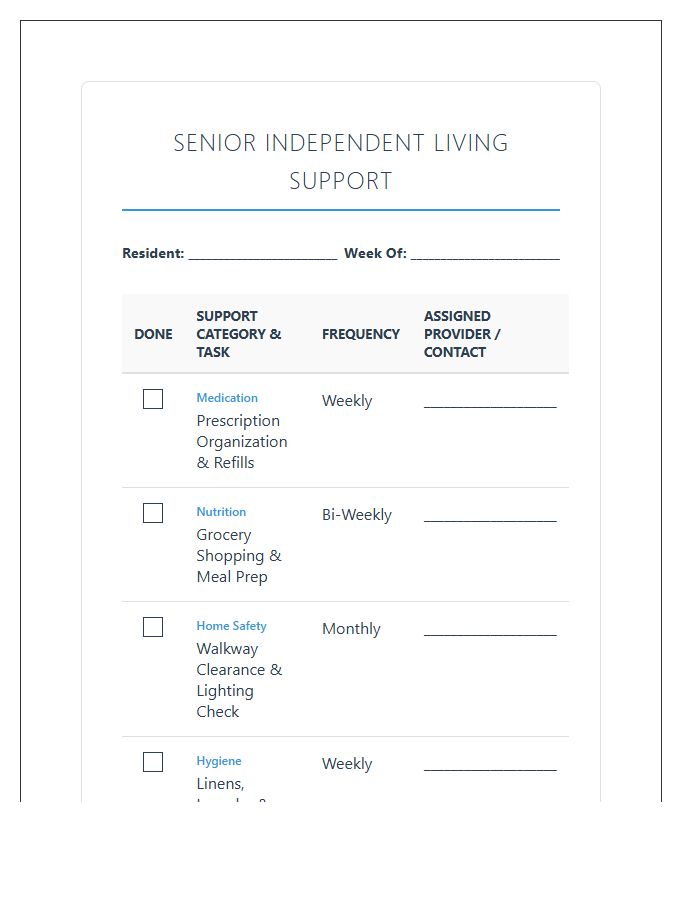 Senior Independent Living Support Printable Chart