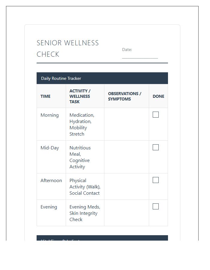 Senior Wellness Check Routine Printable Chart