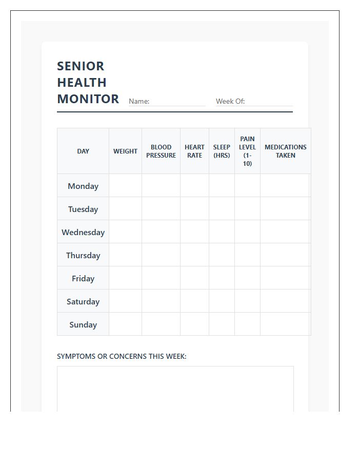 Weekly Senior Health Monitoring Printable Chart