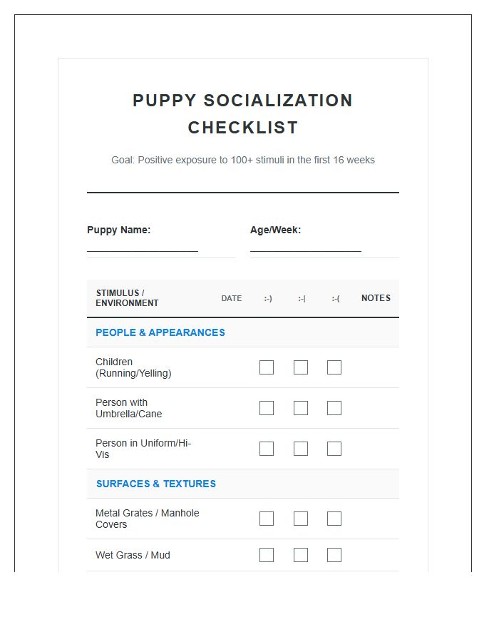 Comprehensive Puppy Socialization Task Chart Printable