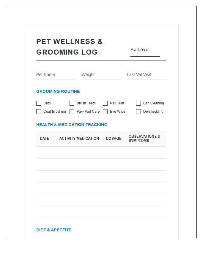 Dog Grooming And Health Tracking Chart Printable