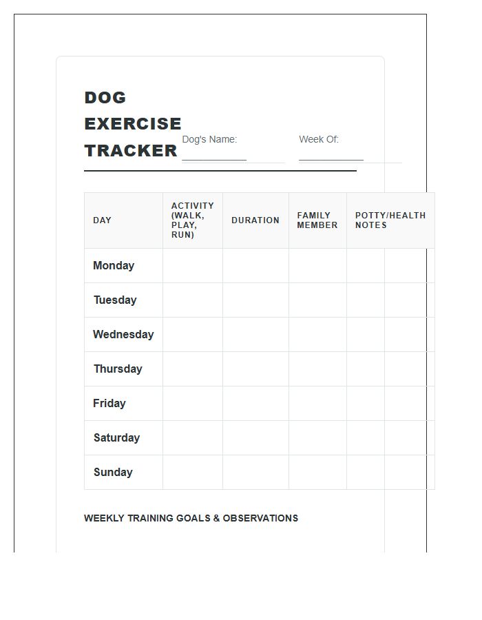 Family Dog Exercise Tracking Chart Printable