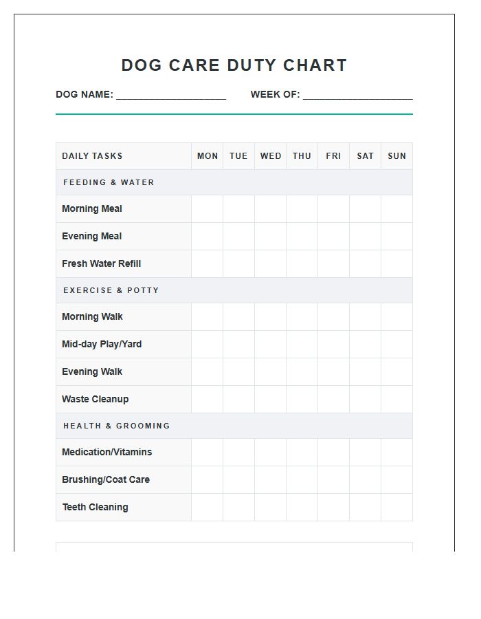 Household Dog Care Duty Chart Printable