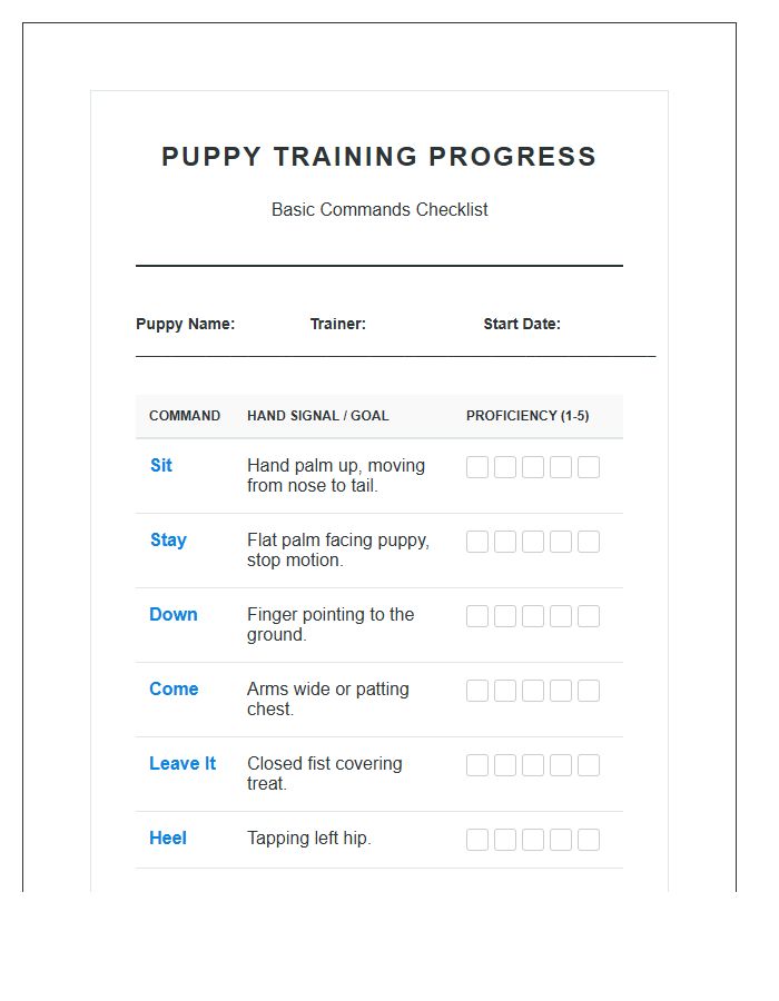 Puppy Basic Command Training Chart Printable