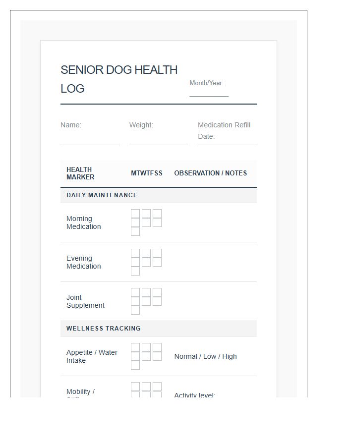 Senior Dog Health Maintenance Chart Printable