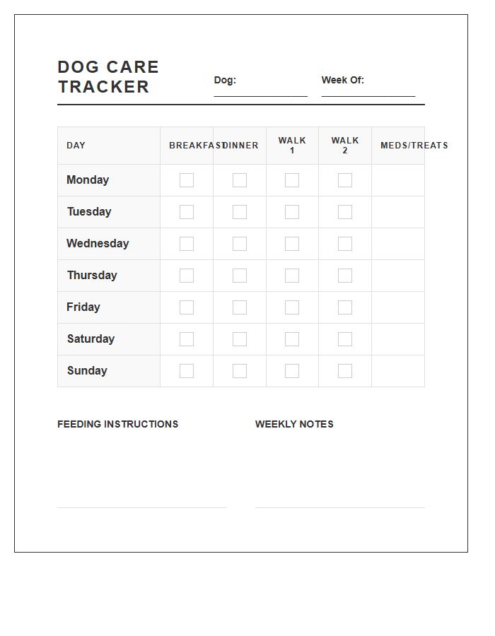 Weekly Dog Feeding And Walking Chart Printable