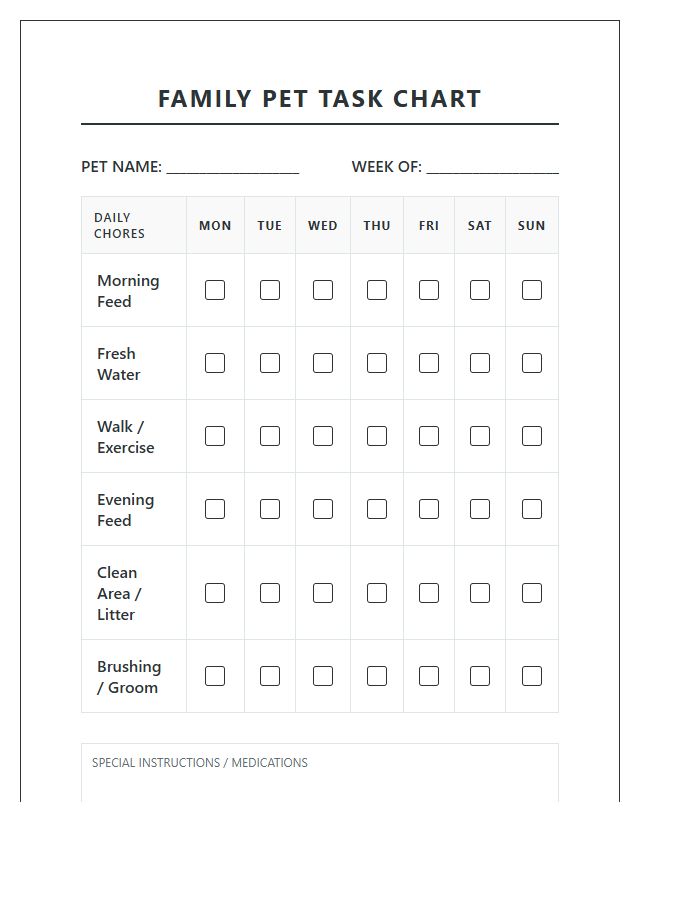 Family Pet Task Daily Chore Chart Printable