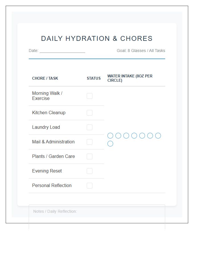 Hydration Monitoring Daily Chore Chart Printable