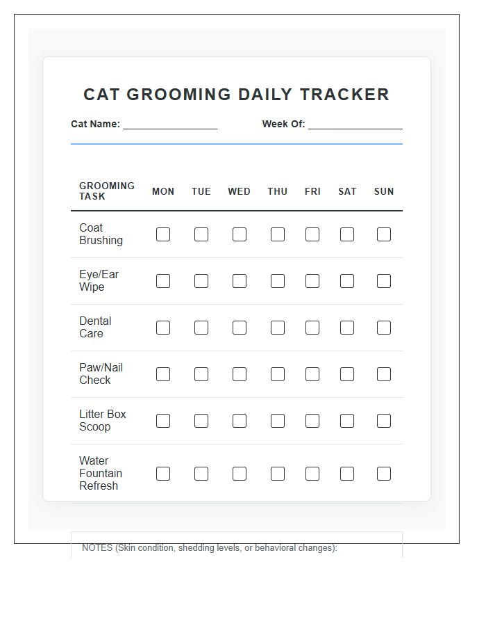Indoor Cat Grooming Daily Chore Chart Printable