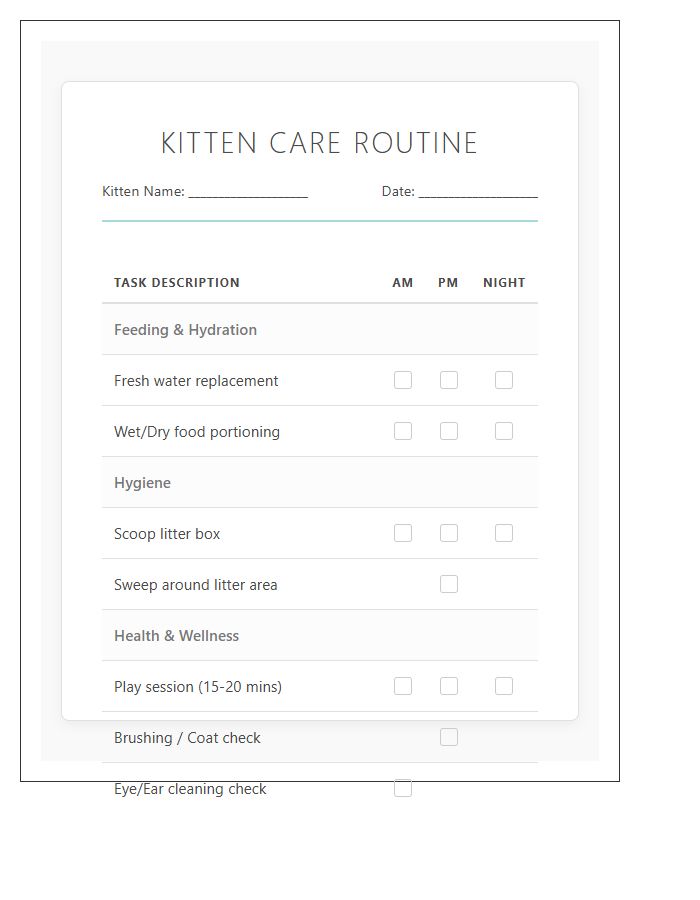 Kitten Care Routine Daily Chore Chart Printable