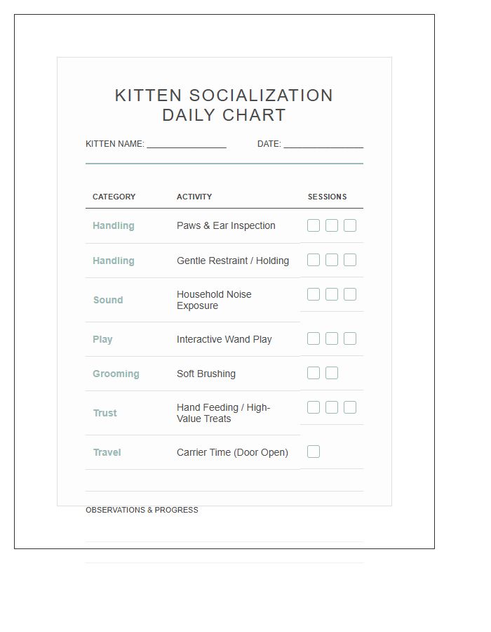 Kitten Socialization Daily Chore Chart Printable