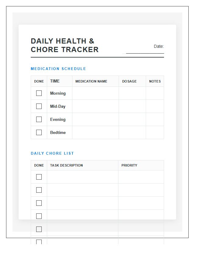 Medication Tracking Daily Chore Chart Printable