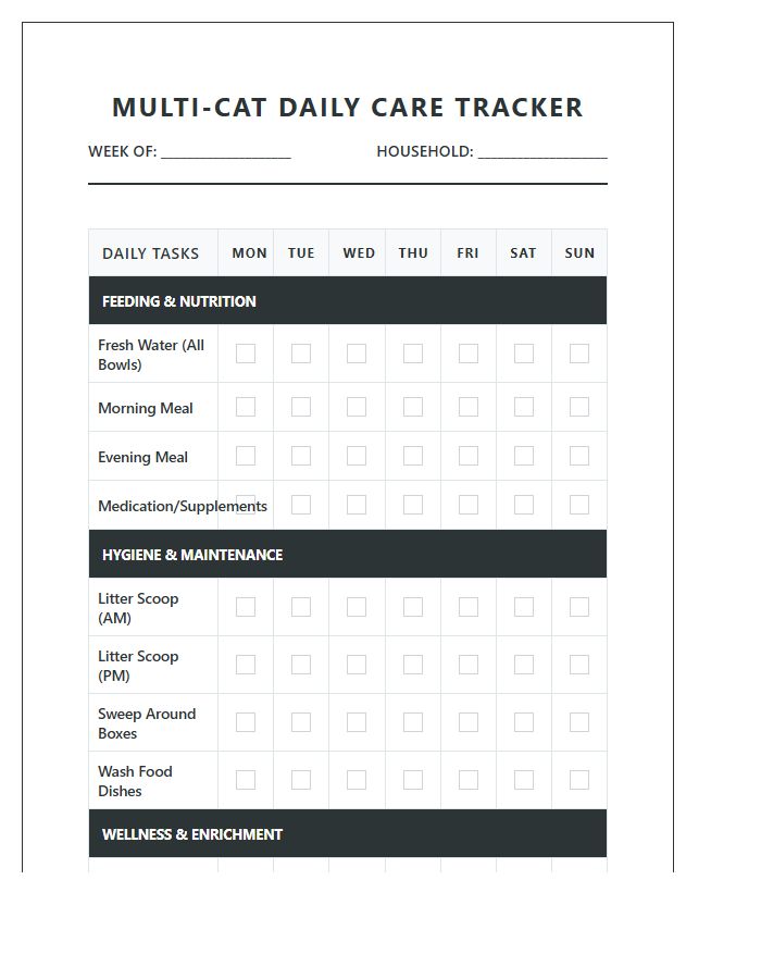 Multi Cat Household Daily Chore Chart Printable