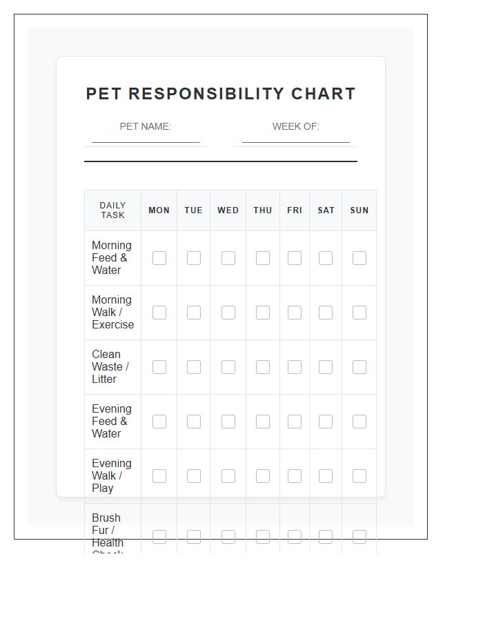 Pet Ownership Responsibility Daily Chore Chart Printable