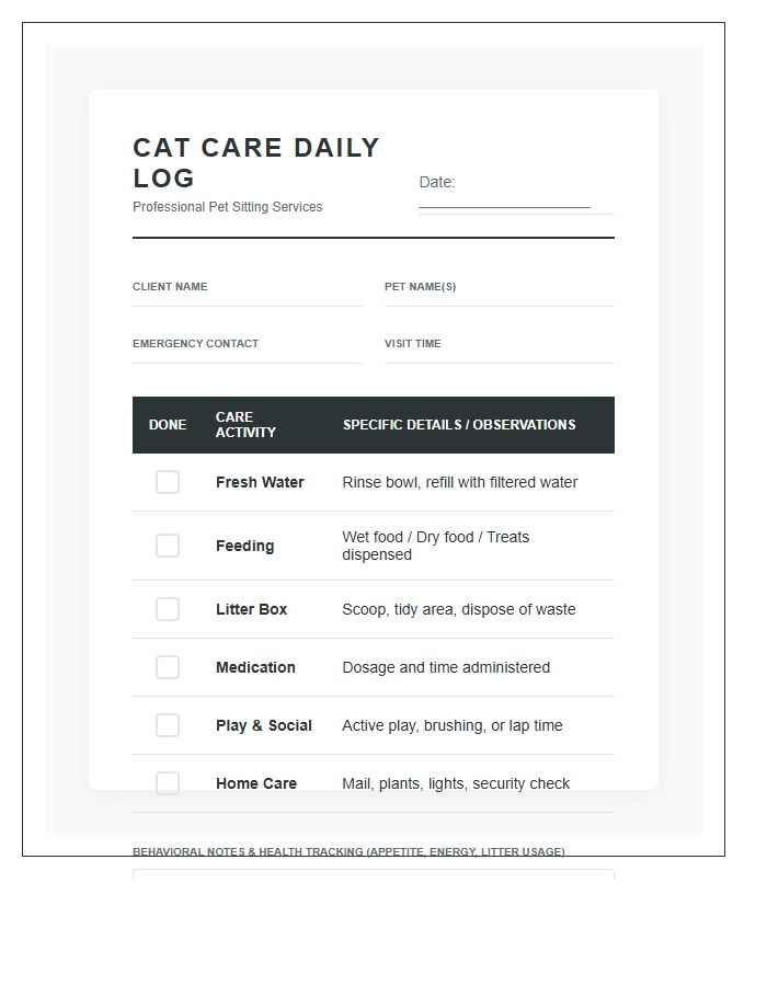 Professional Cat Sitter Daily Chore Chart Printable