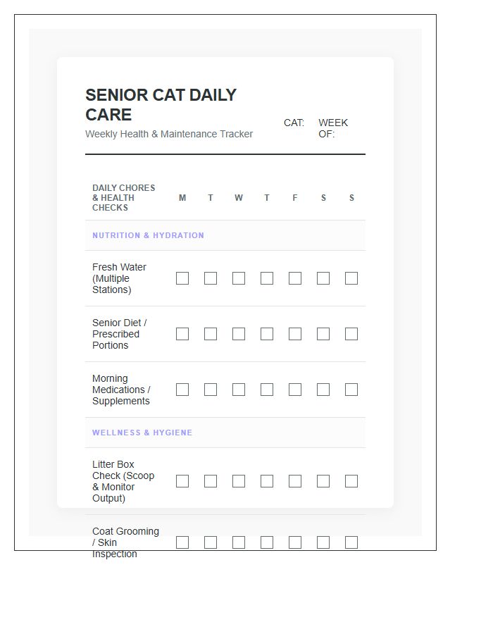 Senior Cat Health Daily Chore Chart Printable