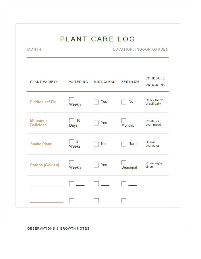 Aesthetic Indoor Plant Maintenance Chart Printable
