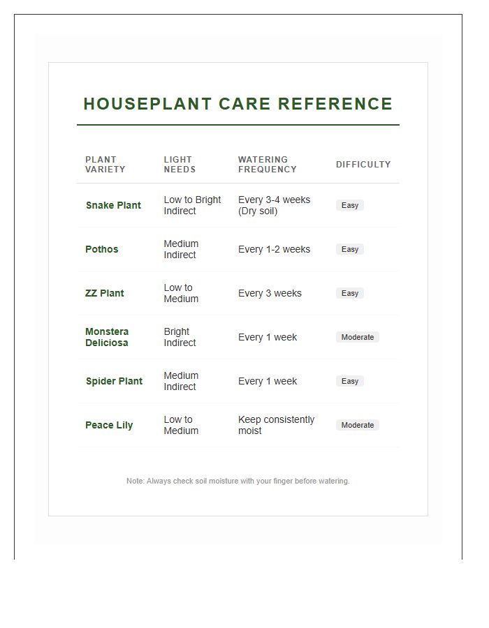 Beginner Houseplant Care Chart Printable