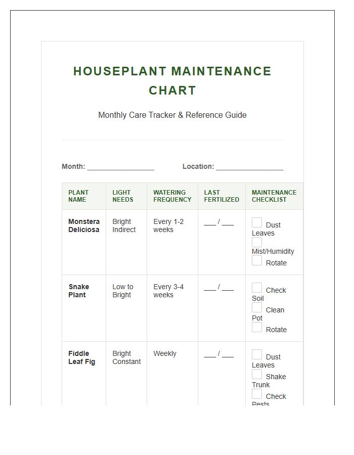 Complete Houseplant Maintenance Chart Printable