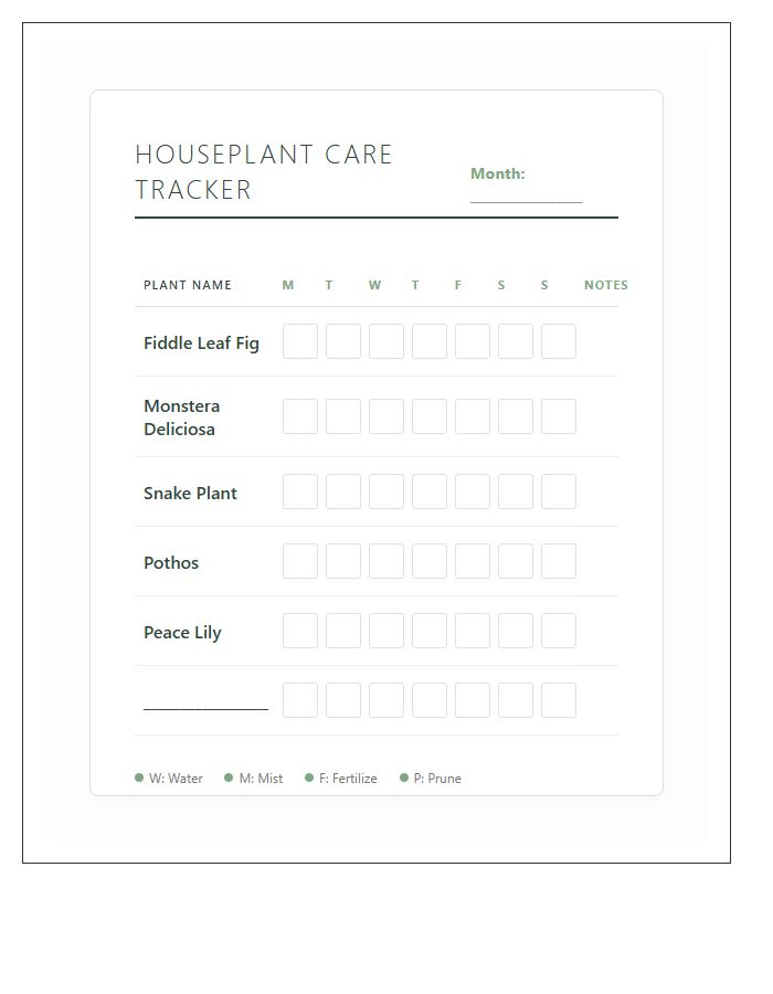 Daily Houseplant Care Chart Printable