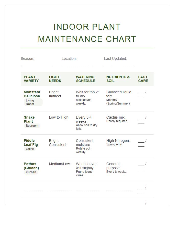 Detailed Indoor Plant Maintenance Chart Printable