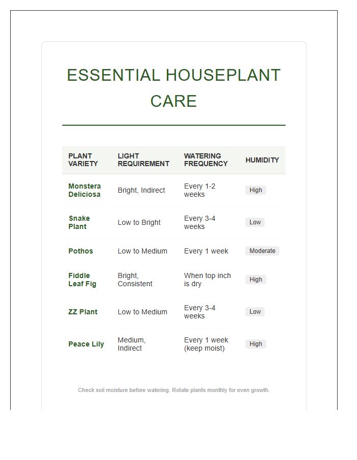 Essential Houseplant Care Chart Printable