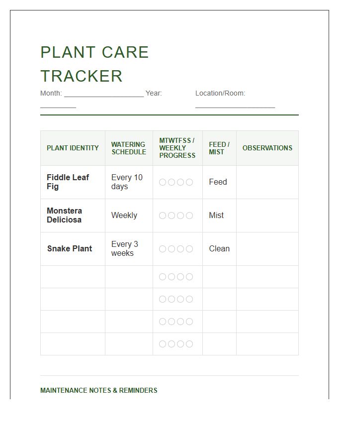 Functional Plant Care Tracking Chart Printable