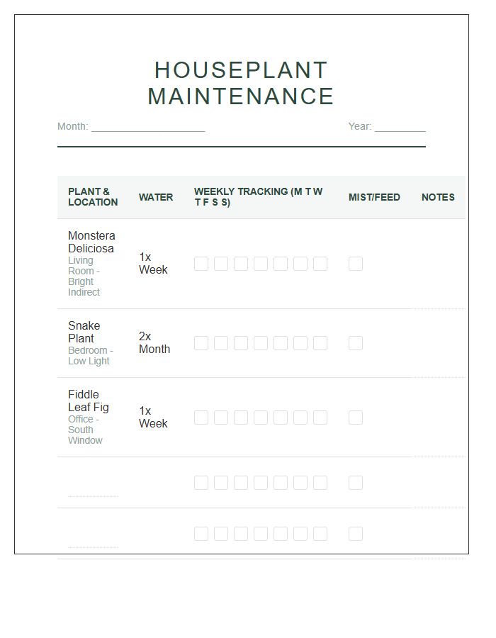 Houseplant Maintenance Schedule Chart Printable