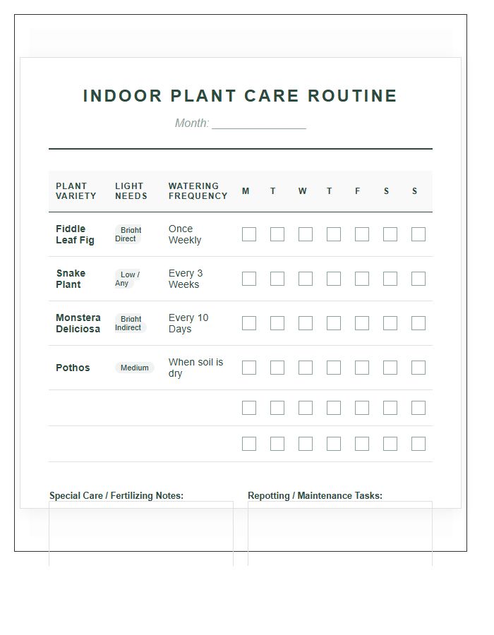 Indoor Plant Care Routine Chart Printable
