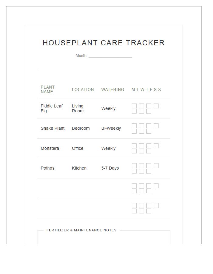 Minimalist Houseplant Maintenance Chart Printable