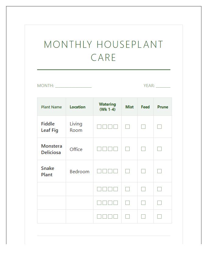Monthly Houseplant Care Chart Printable