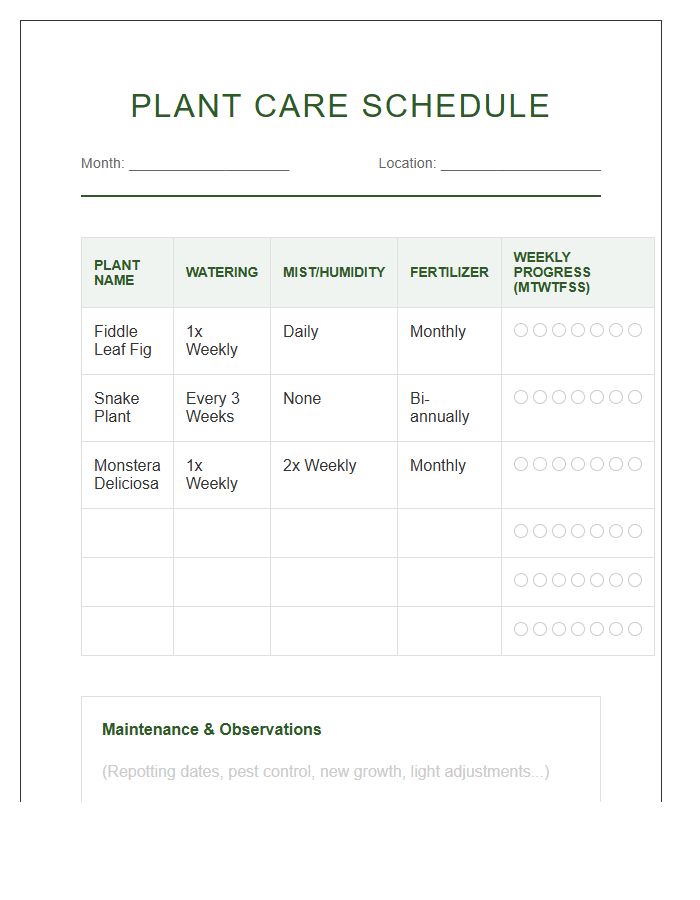 Organized Plant Care Schedule Chart Printable