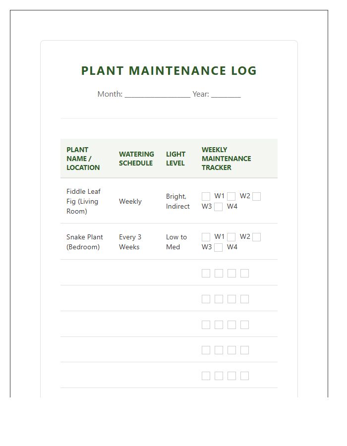 Standard Indoor Plant Maintenance Chart Printable