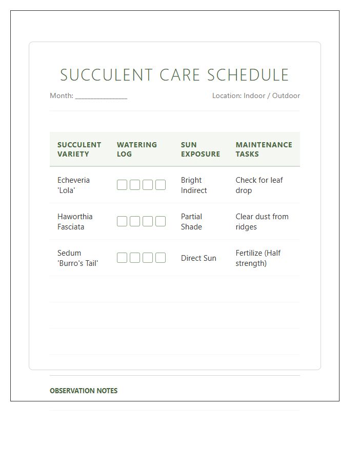 Succulent Maintenance Schedule Chart Printable