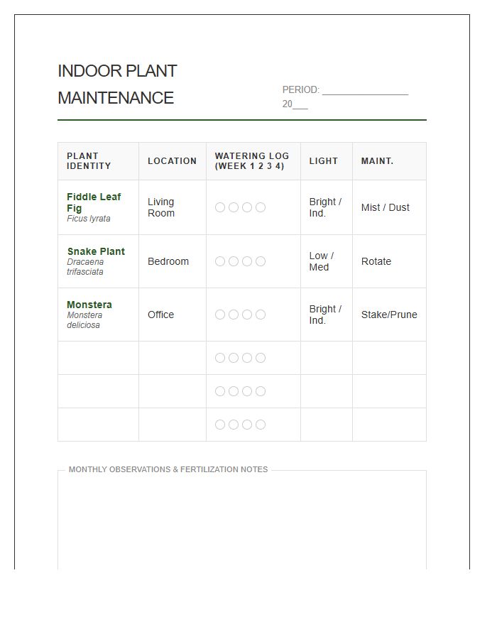 Systematic Indoor Plant Maintenance Chart Printable