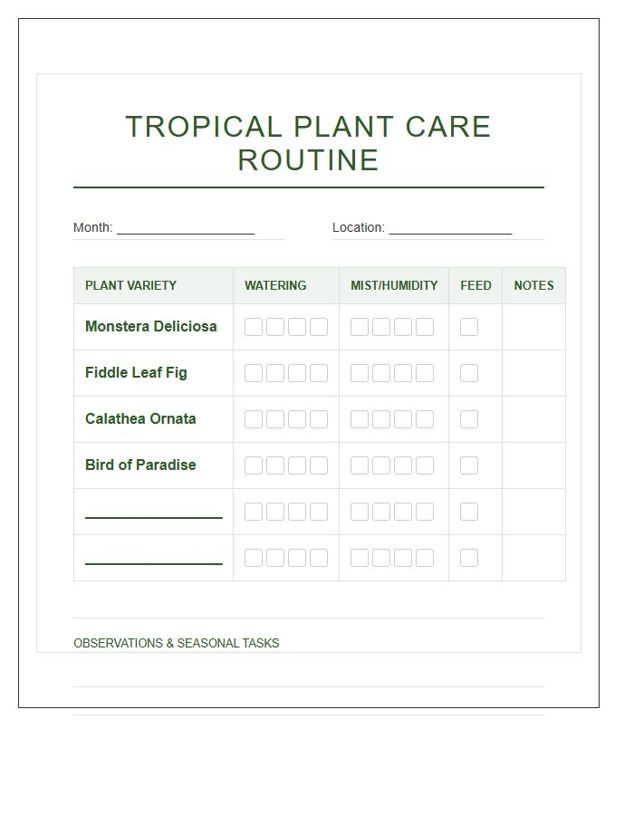 Tropical Plant Care Routine Chart Printable