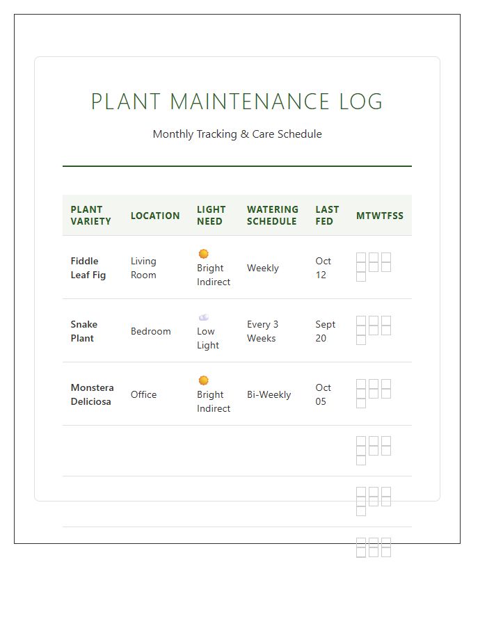 Visual Indoor Plant Maintenance Chart Printable