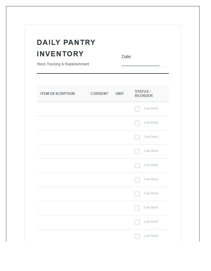 Daily Pantry Management Inventory Chart Printable