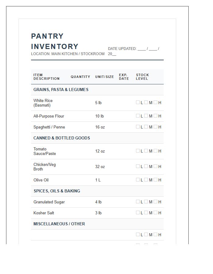 Detailed Pantry Supply Inventory Chart Printable