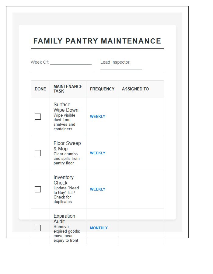 Family Pantry Maintenance Chore Chart Printable