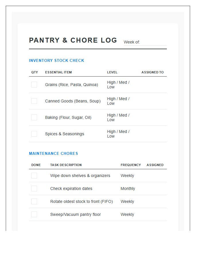 Household Pantry Inventory Chore Chart Printable
