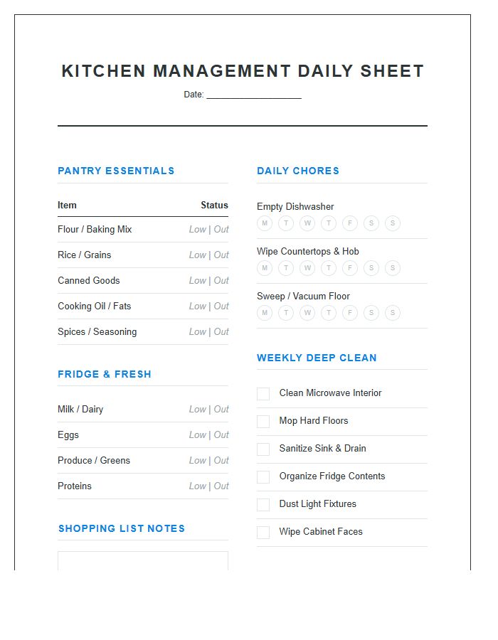 Kitchen Inventory And Chore Chart Printable