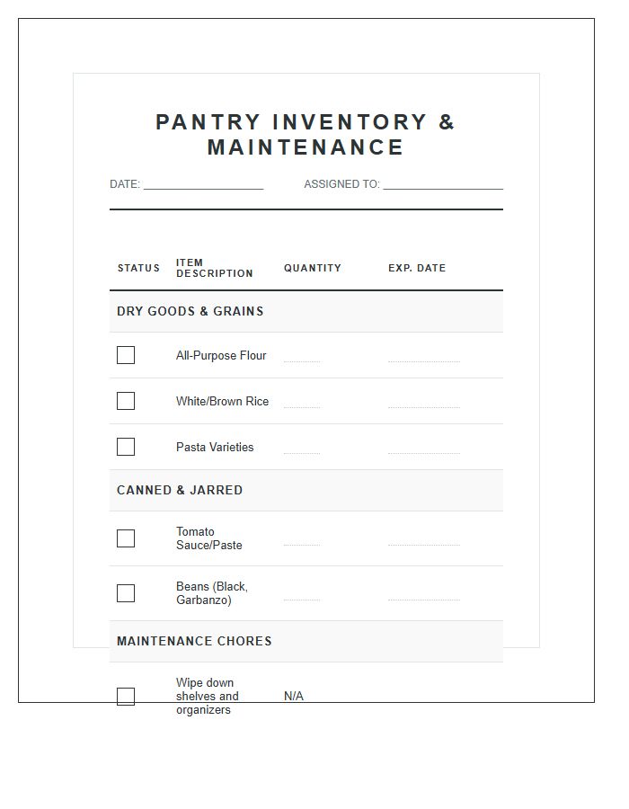 Organized Pantry Inventory Chore Chart Printable