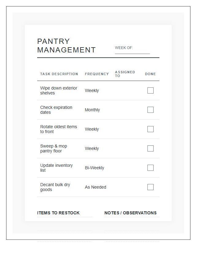 Pantry Management Task Chore Chart Printable