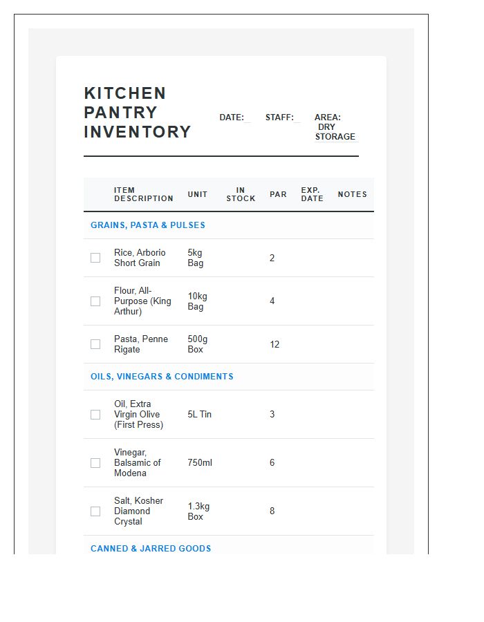 Professional Kitchen Pantry Inventory Chart Printable