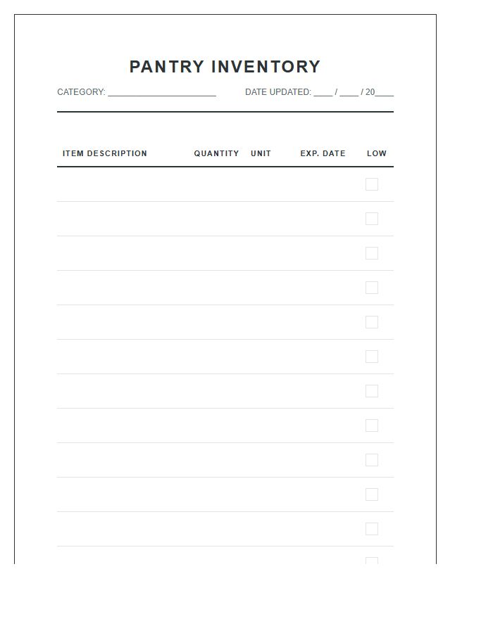 Standard Pantry Inventory Management Chart Printable