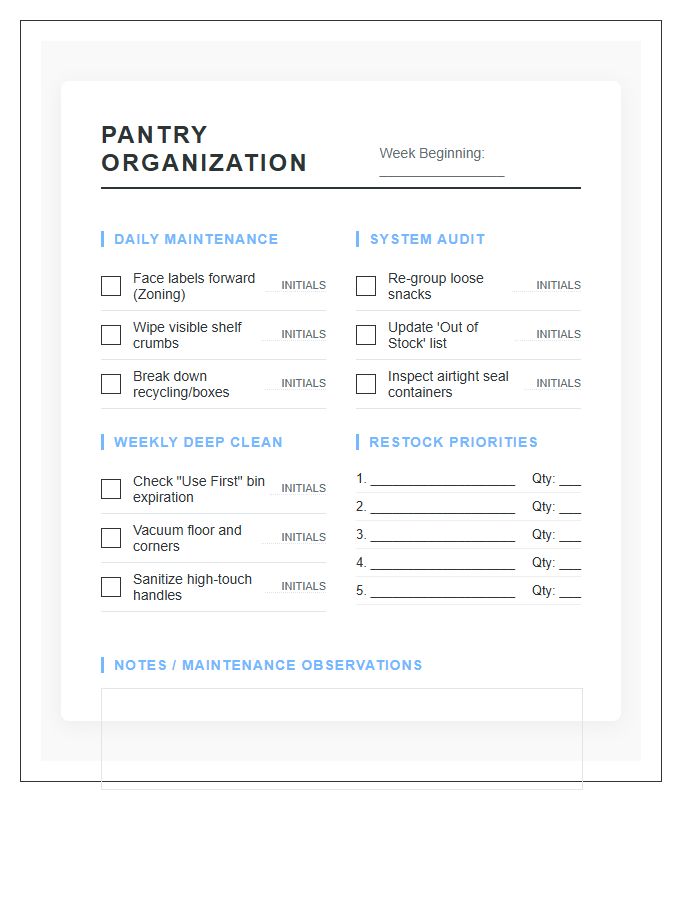 Systematic Pantry Organization Chore Chart Printable